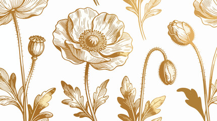 Elegant Gold Poppy Flower Hand Drawn Vector, Natural Botanical Floral Line Art © Myint
