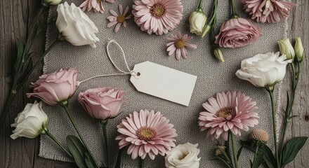 Fototapeta premium Muted Pink and White Floral Flat Lay with Blank Tag on Rustic Linen and Wood