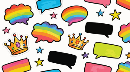 Hand Drawn Colorful Doodle Sticker Set with Rainbow Chat Bubbles and Royal Crowns © Myint