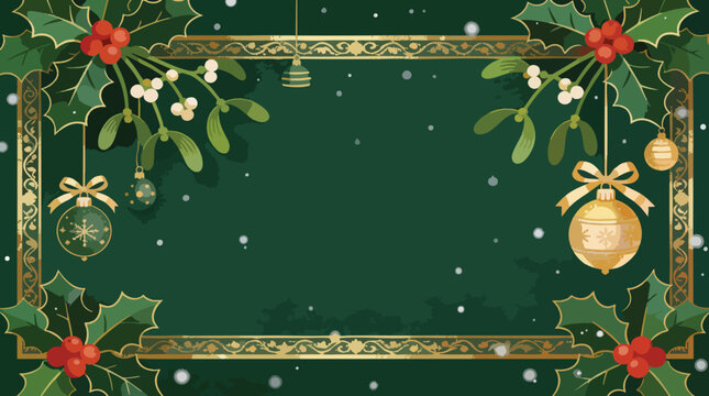 Elegant Deep Green Winter Background with Holly Mistletoe and Gold Ornaments Frame