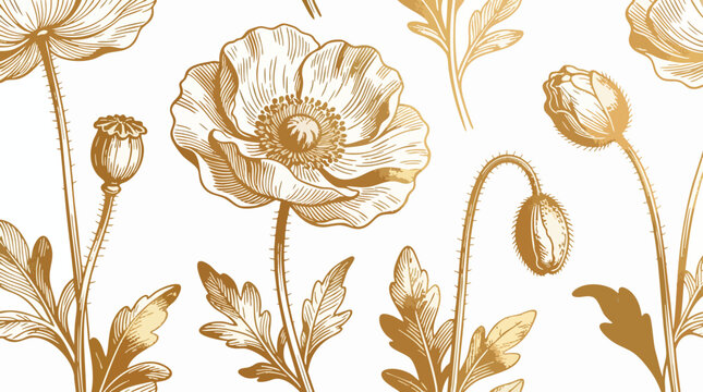 Elegant Gold Poppy Flower Hand Drawn Vector, Natural Botanical Floral Line Art