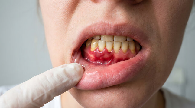 Close-up of inflamed and bleeding gums showing signs of gingivitis as a person pulls down their lip for a dental checkup