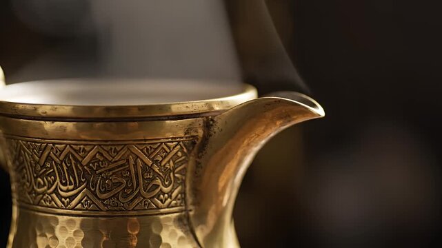 Closeup of a steaming traditional Arabic coffee pot with intricate engravings.