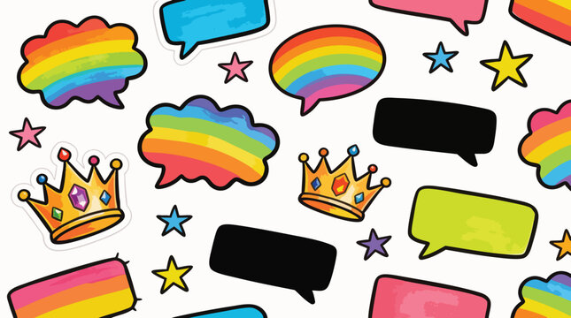 Hand Drawn Colorful Doodle Sticker Set with Rainbow Chat Bubbles and Royal Crowns