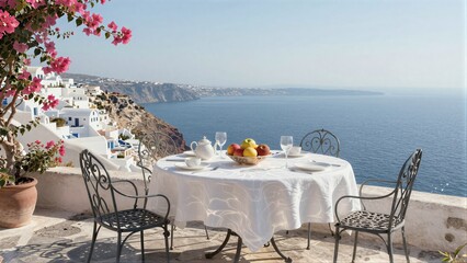 Fototapeta premium Cozy table set for breakfast overlooking Greek islands with vibrant