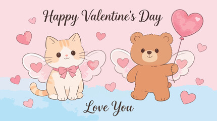 Obraz premium Happy Valentine's Day Card: Cute Cat and Teddy Bear with Angel Wings and Hearts