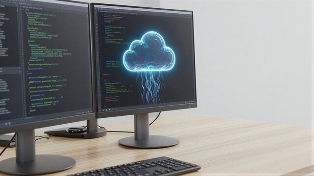 Code and cloud computing on dual monitors modern tech workspace setup.
