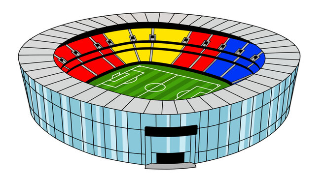 Colorful circular stadium with tiered seating and green playing field.