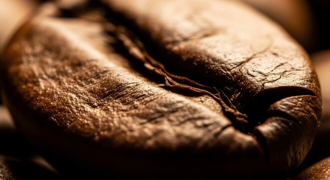 Macro Close-up of a Single Roasted Coffee Bean with Detailed Texture.