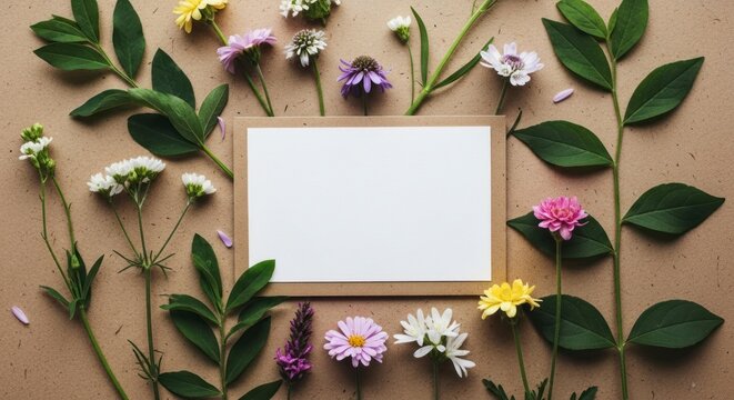 Delicate Wildflower Arrangement Framing a Blank Invitation Card on Rustic Kraft Paper