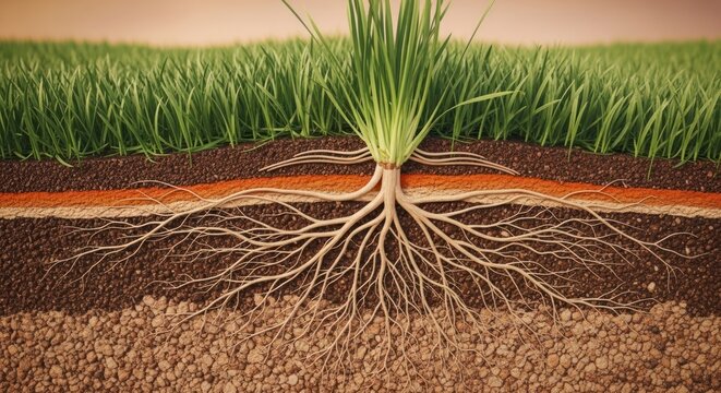 Anatomy of Growth: Detailed Cross-Section of Grass Plant with Roots in Layered Soil