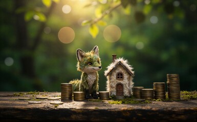 Fototapeta premium A fox with green fur sits beside a tiny house and stacks of coins in