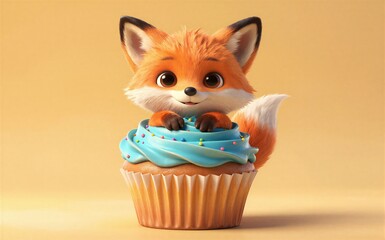 Obraz premium Adorable fox peeking out of a blue-frosted cupcake with colorful