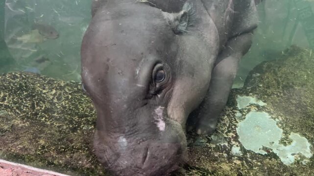 Pygmy hippopotamus Choeropsis liberiensis swimming underwater with African cichlid fish from Lake Malawi in aquarium habitat. Rare endangered mammal with tropical freshwater aquatic species.