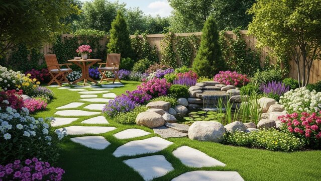 Tranquil garden with stone path, koi pond and dining area.