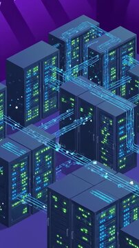 Futuristic Server Room with Glowing Data Connections in Isometric View.