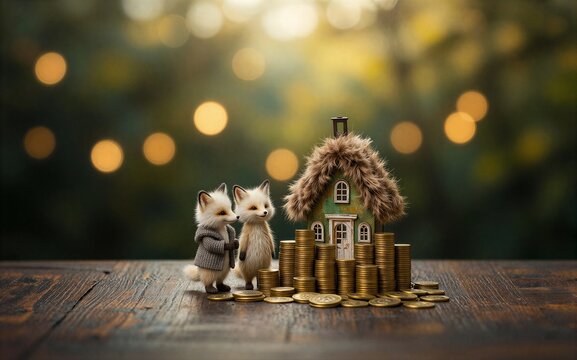Two foxes stand beside a house and stacks of coins symbolizing