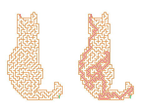 Cat-shaped maze with solution illustration for printable puzzle  