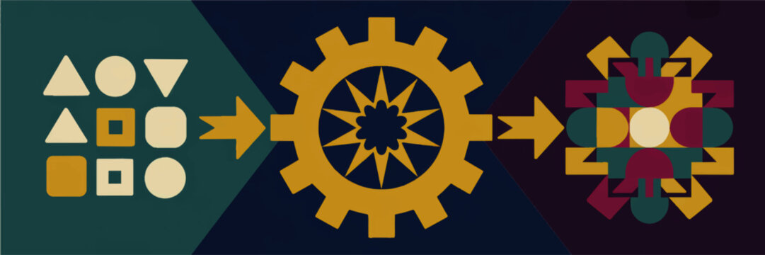 Abstract workflow automation concept with gear processing geometric shapes into colorful pattern, teal gold maroon minimal flat illustration