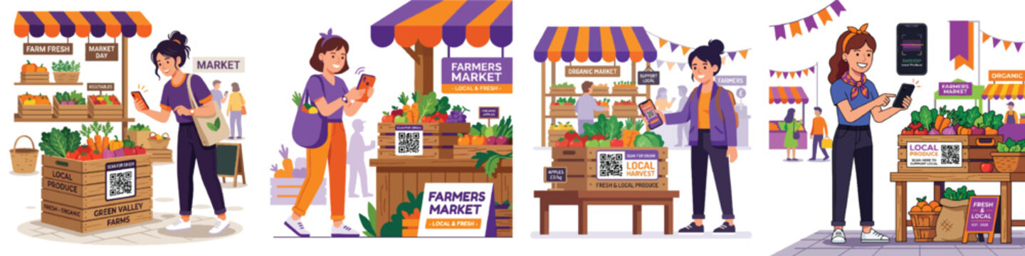 Modern flat design vector of a woman scanning a QR code on a crate of local produce at a market. Bright purple and orange accents. Plain white background. 