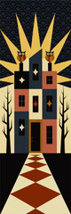Fototapeta premium Retro haunted house illustration with owls, spooky trees and geometric path, vintage Halloween night poster art