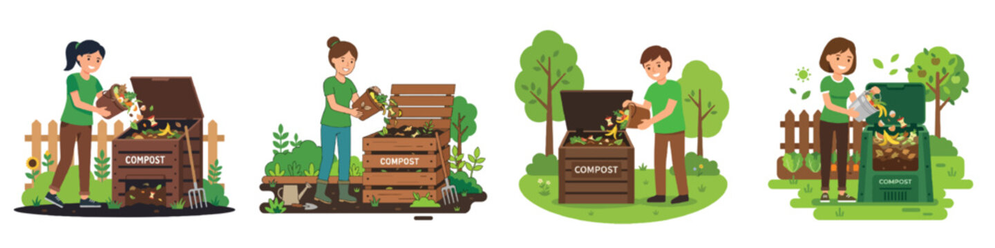 A simple flat design graphic of a person composting kitchen scraps in a backyard bin. Natural bright greens and browns. Plain white background. 