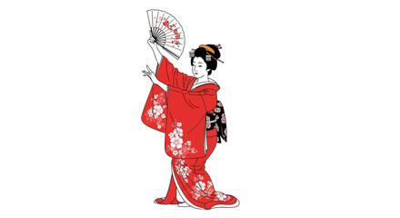 Obraz premium Geisha in Red Kimono Dancing with Fan