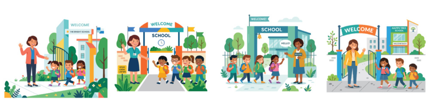 A modern flat design graphic of a teacher welcoming students at the school gate with a warm smile. Minimalist aesthetic, bright cheerful colors, no outlines, plain white background.