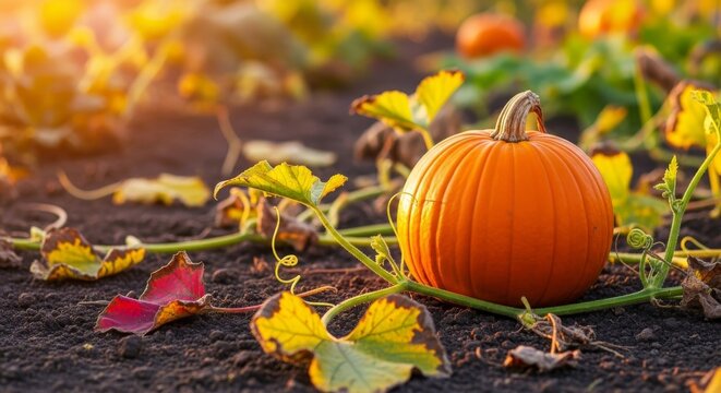 A lush autumn vegetable garden features large orange pumpkins resting on rich soil among green vines and drying leaves under warm sunlight, garden, rural, fall