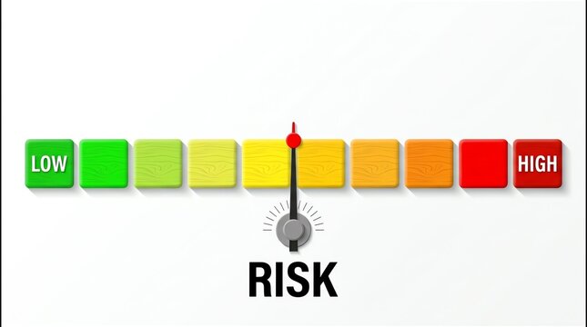 Dynamic risk assessment gauge illustrating a potential threat level with a needle pointing towards a moderate to high range on a color-coded scale