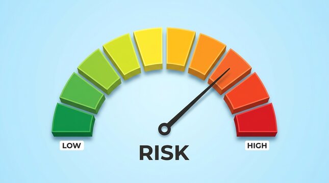 Visual representation of a risk assessment gauge with a needle indicating a high level, illustrating potential dangers and the importance of evaluation and management