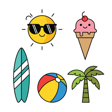 Colorful beach summer fun icons set.