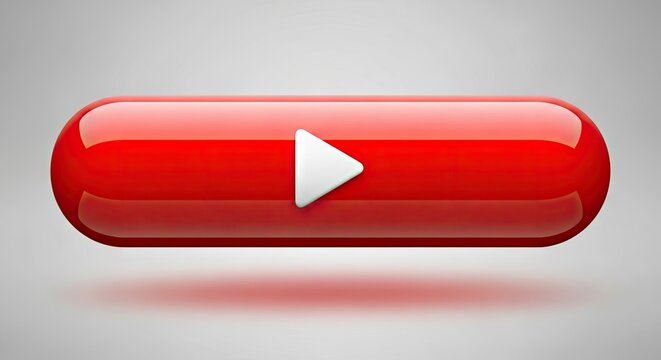 Glossy red 3D play button icon on gray.