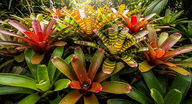 Group of exotic bromeliad plants with red centers.