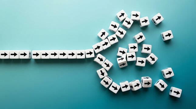 A line of arrowed cubes branching into multiple directions, symbolizing choice, strategic options, and the concept of divergence