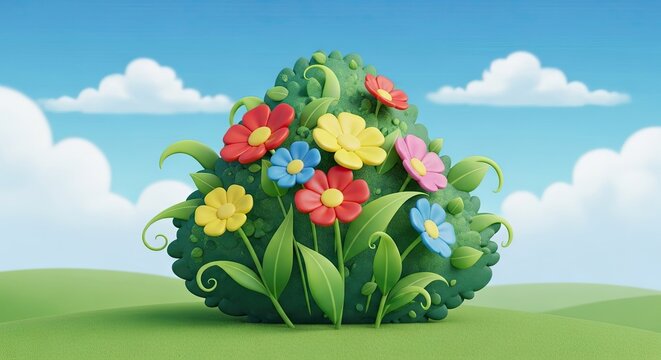 Manicured garden bush shaped like colorful bouquet of flowers.