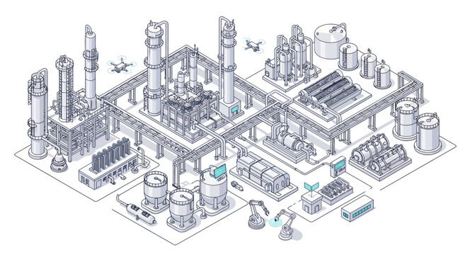 Isometric illustration of an industrial chemical refinery plant.