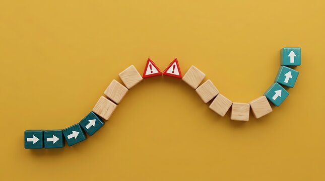 Strategic business path with warning signs Conceptual representation of challenges, risks, and obstacles on the road to successful progress and problem-solving