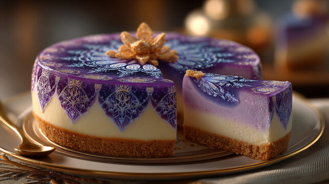 金皿に乗った紫芋チーズケーキ（カット済み）とゴールド装飾