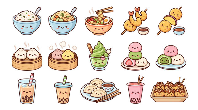 Variety of Asian dessert drinks and snacks.