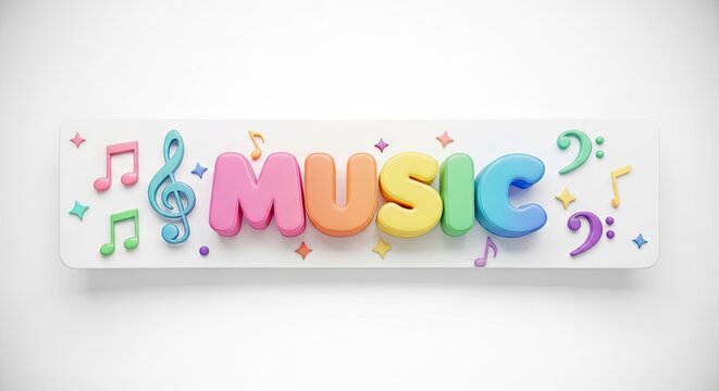 Colorful playful 3D letters spelling the word music.