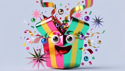 Naklejka premium Rainbow Surprise Gift Box With Happy Cartoon Party Expression