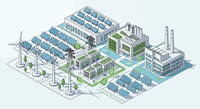 Isometric Green Energy Power Plant Complex Illustration.