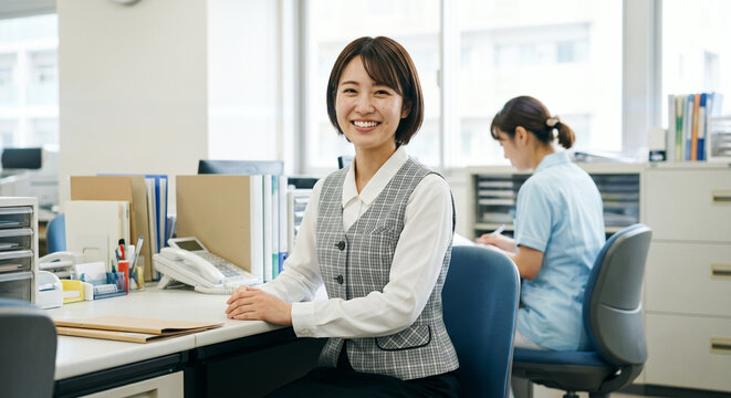 病院のオフィスで働く笑顔の女性スタッフ 医療事務