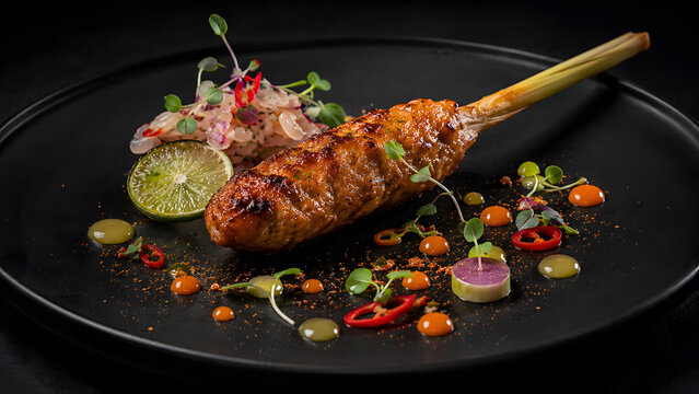 Luxury Balinese sate lilit on lemongrass skewer with elegant sambal matah presentation, gourmet fine dining Indonesian cuisine on a modern black plate and dark background.