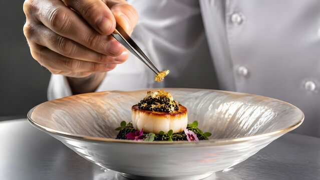 Professional chef using tweezers to carefully arrange delicate microgreens on a luxury gourmet dish inside a restaurant kitchen during service