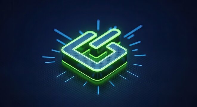 Neon green power button icon with glowing blue light rays.