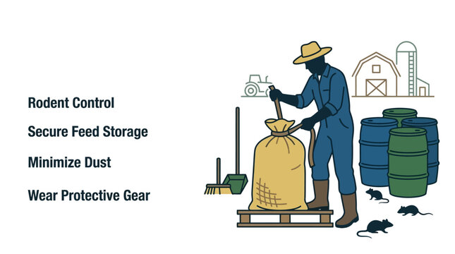 A farmer managing feed storage and pest control on a farm.