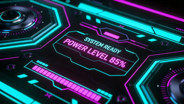 Digital interface showing system ready with power level 85% and progress bar