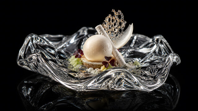 Gourmet dessert art with abstract sugar glass sculptures and delicate tuile shards arranged on a minimalist gray plate over a dark studio background